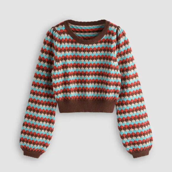 Cider 70s Retro Knit Pattern Cropped Bell Sleeve Sweater - Picture 1 of 9